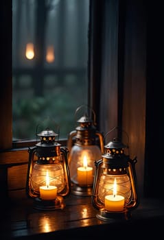 AI generated of three lanterns sit on a window sill in the dark