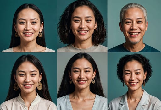 AI generated of a series of photos showing asian people smiling and happy