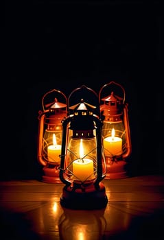 AI generated of three lanterns with lit candles on a dark background