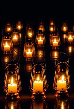 AI generated of many lit candles in a row on a black background