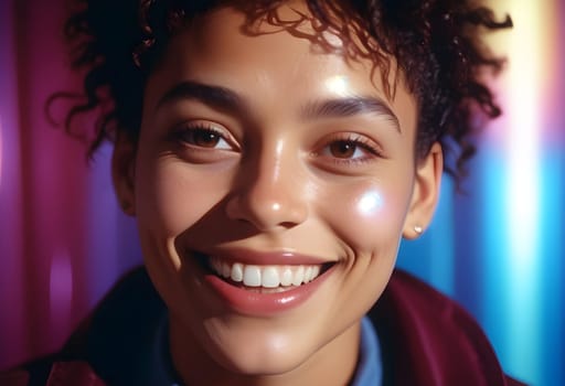 AI generated of a woman with curly hair and a smile on colorful background