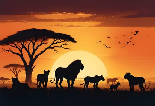 AI generated of a photo of african sunset with african animals