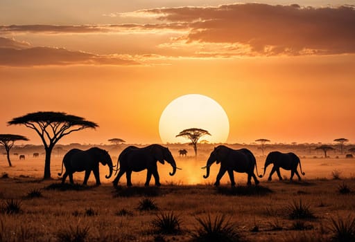 AI generated of a herd of elephants walking across a dry savannah with a sunset in the background