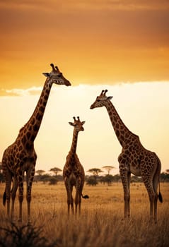 AI generated of a group of giraffes stand in a field with the sun behind them