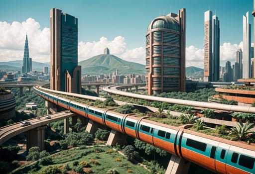 AI generated of a train that is going over a bridge with a futuristic city in the background