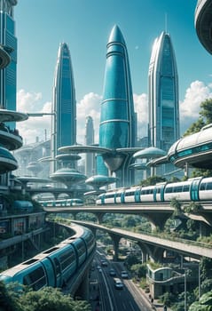 AI generated of a futuristic city with a futuristic building and a train on the top