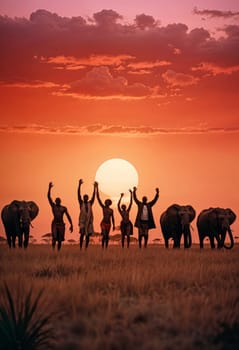 AI generated of a group of people standing in front of elephants at sunset