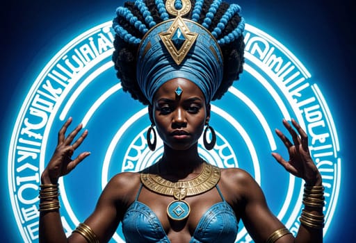AI generated of the woman is wearing a blue headdress and holding her hands up