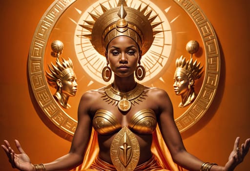 AI generated of an african woman in a gold outfit sitting in a lotus position