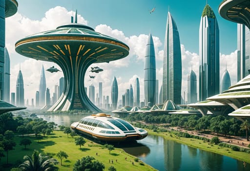 AI generated of a picture of a futuristic city with a boat and futuristic buildings in the background