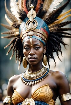 AI generated of an african woman with a headdress and gold jewelry