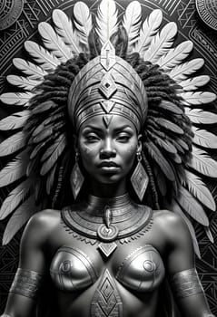 AI generated of a black and white photo of an african woman with feathers
