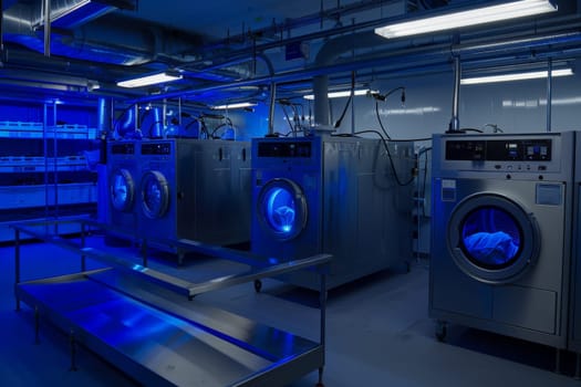 A laundry room glowing with blue lights features washing machines in action, creating a futuristic and artistic atmosphere.