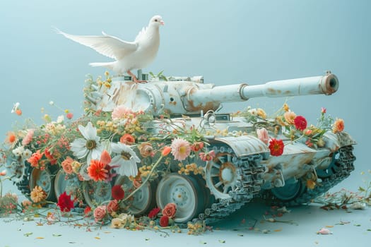 Army tank covered with flowers, dove of peace, ceasefire, end of war, military weapon