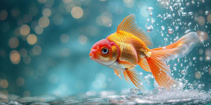Gold fish swimming in the water, animals of the sea, ecosystem and environment, aquarium with bubbles and bokeh lights
