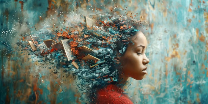 Mind overwhelmed with information data, social media addiction, brain with books, creative mind, exploding ideas and imagination, education and personal development