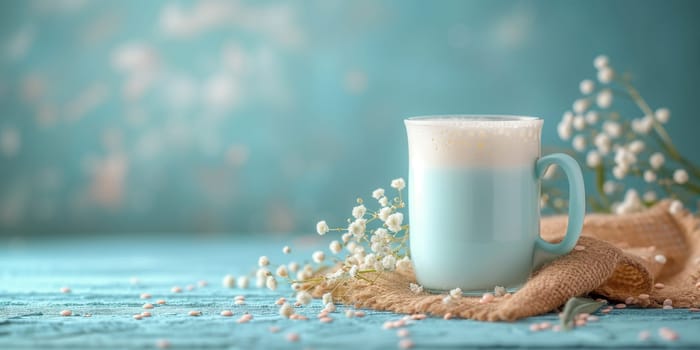 Cup with hot or cold milk, tea or coffee, drink for breakfast, take a break, drinking a delicious beverage, blue rustic wood background
