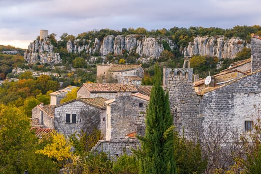 The medieval village of Balazuc over Ardèche river. Photography taken in France