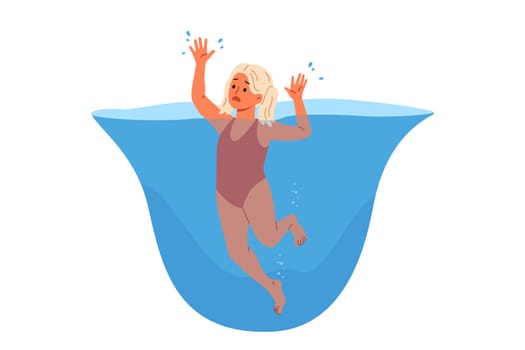 Little girl drowns in water and suffocates while swimming in pool, requiring help of lifeguards. Poor child drowns after sudden seizure and risks death due to lack of inflatable vest