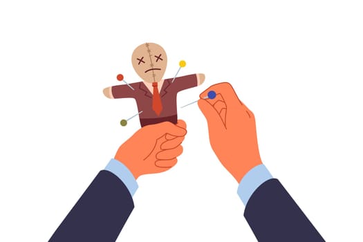 Voodoo doll in hands of business man who uses black magic and pagan curses for unfair competition. Vindictive guy pierces voodoo doll with needles, wanting to make enemy or competitor suffer