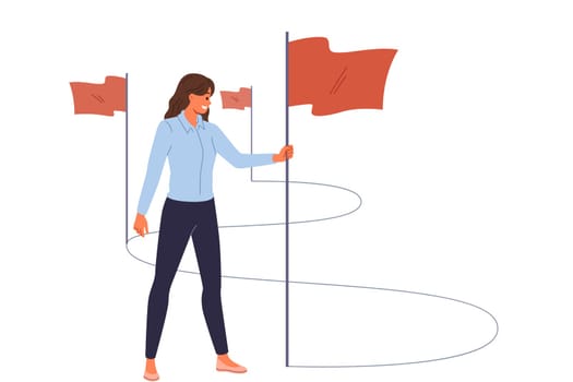 Business woman walks path to success and inserts winner flags on way to achieving professional goals. Lady manager implements tasks and consolidates success thanks to motivation and personal ambitions