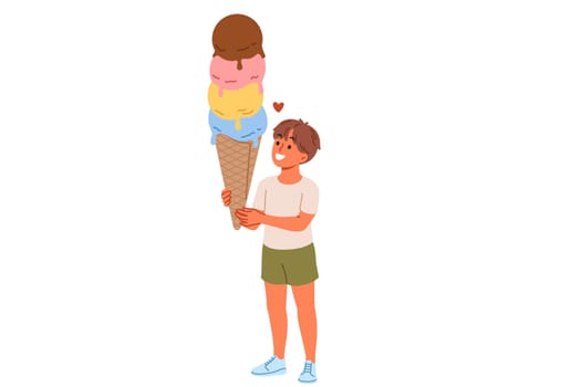 Large ice cream in hands of child lovingly looking at sweet dessert, allowing to cool down on hot summer day. Fruit ice cream in waffle cone made from organic syrups and fresh milk.