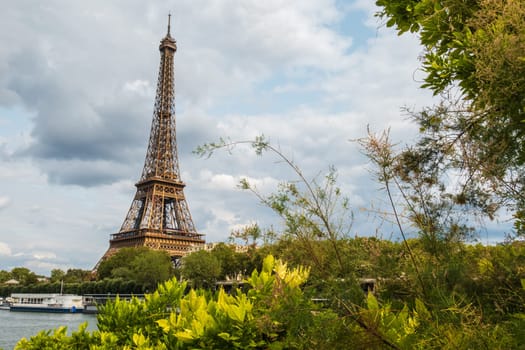 Eiffel Tower viewed from the banks with frame of vegetation and trees