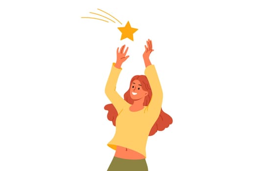 Woman catches star falling from sky and makes wish to become rich or get married. Superstitious girl watches falling stars with smile and reaches out to star in hope of good luck and fortune.