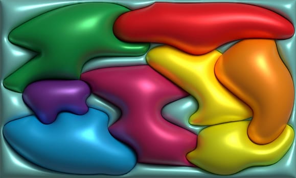 Various shiny figures on a green background, 3D rendering illustration