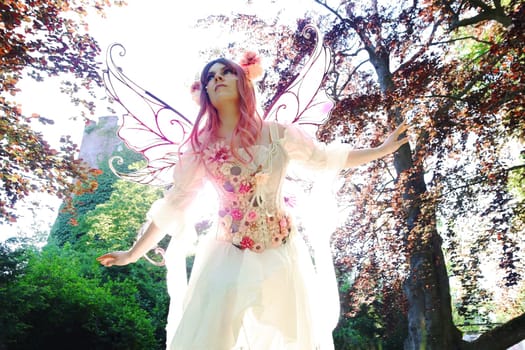A soft, bright fairy or elf with wings against the light of the sun