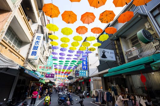 Taiwan 02 February 2024: Colorful Umbrellas Hanging In Hou Yi Shopping Street in Kaohsiung of Taiwan