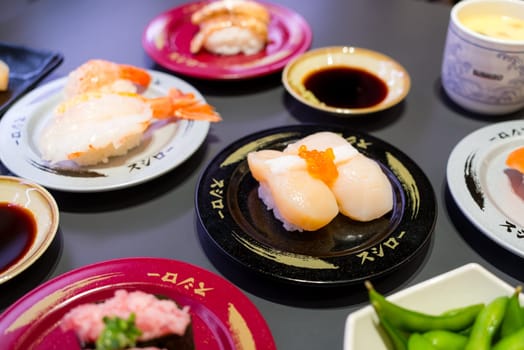 Taiwan 15 December 2023:  Dishes of Sushi in the Sushiro Japanese restaurant