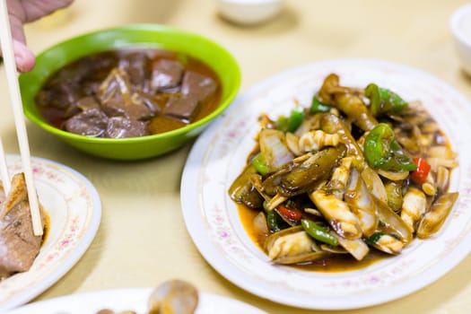 Asian food fried razor clam with soy sauce