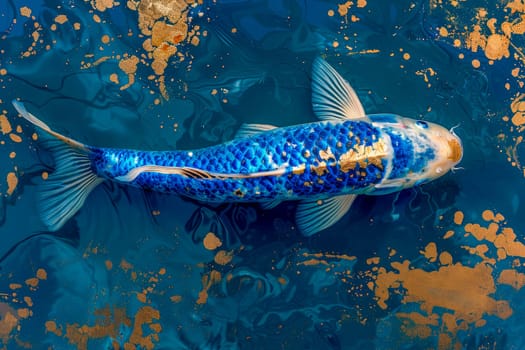 Blue and gold koi fish swimming in a pond. Top view. AI generated