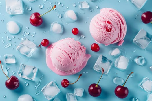 Pink ice cream with cherries and ice cubes on a blue background.Temptation of ice cream. AI generated