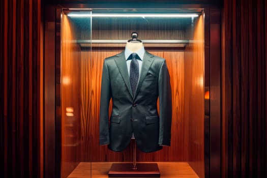 Suit in a showcase of a luxury store. Men elegant clothing glass display case. AI generated