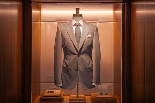 Suit in a showcase of a luxury store. Men elegant clothing glass display case. AI generated
