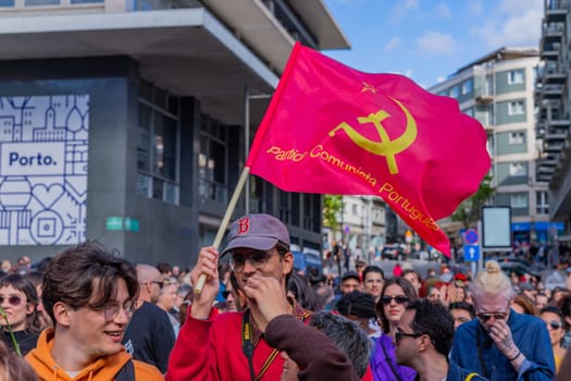 Porto, Portugal: April 25, 2024: Celebration and Protest of the April 25 in Portugal, Liberty Portuguese day, in Porto, Portugal