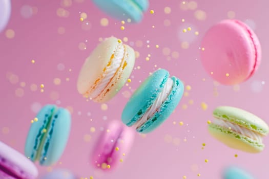 Coloured macaroons floating in the air on  a pink background. AI generated
