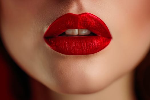 Close up view of beautiful woman lips with red matt lipstick. Passionate kiss. AI generated