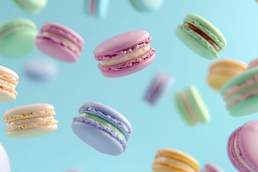 Pastel pink, purple, green, blue, cream and yellow coloured macaroons floating in the air. AI generated