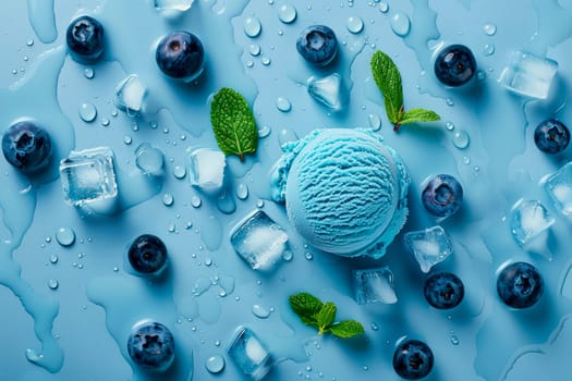 Blue ice cream with blueberries,mint leaves and ice cubes. Temptation of ice cream. AI generated