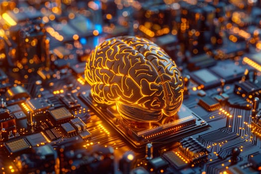 Human brain on top of a circuit board, surrounded by electronic components. AI concept. A futuristic advanced technology and digital elements. AI generated