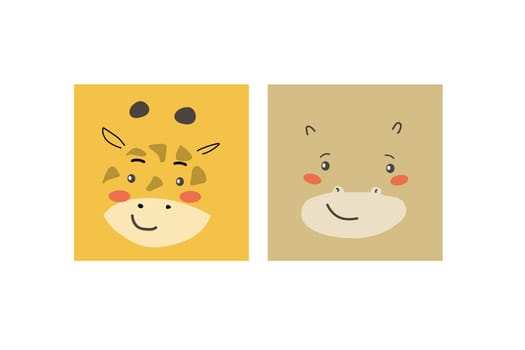 African animals faces set. Cute doodle animal portraits. Hand drawn characters. Tropical and jungle cartoon heads of giraffe and hippo. Wild exotic pets.