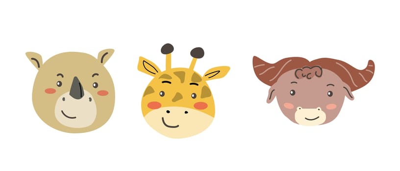 African animals faces set. Cute doodle animal portraits. Hand drawn characters. Tropical and jungle cartoon heads of rhino, giraffe, buffalo. Wild and exotic pets.