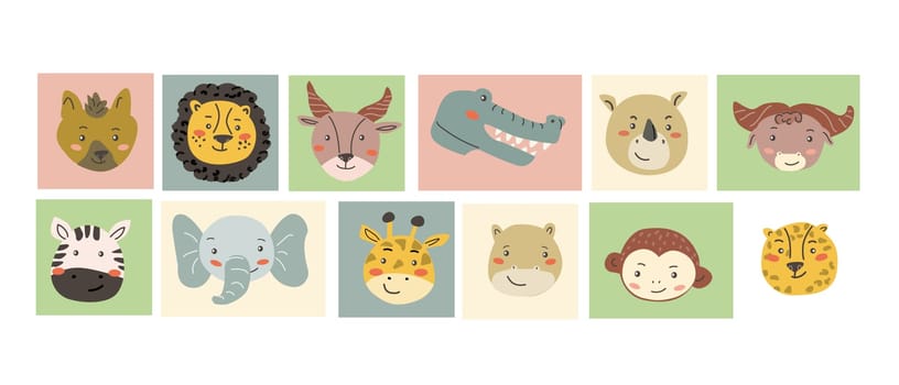 African animals faces set. Cute doodle animal portraits. Hand drawn characters. Tropical and jungle cartoon heads of lion, leopard, hyena, monkey, buffalo. Wild exotic pets set.