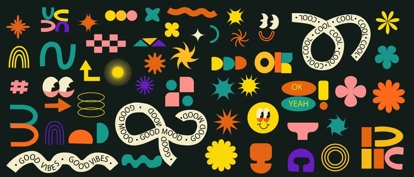 Set of stickers with naive playful abstract shapes. Brutalist set. Circle, oval, rectangle, arched in the trendy retro style. Aesthetics y2k style. Vector illustration with wavy geometric elements.