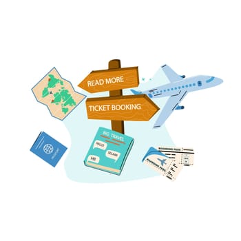 Summer vacation ticket booking concept background. Trip on plane and online service for booking ticket and hotel. Airplane, tickets, passport, phone with map cartoon banner on blue background.