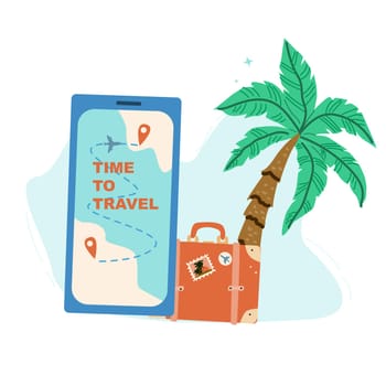Summer vacation ticket booking concept background. Trip on plane and online service for booking ticket and hotel. Airplane, tickets, passport, phone with map cartoon banner on blue background.