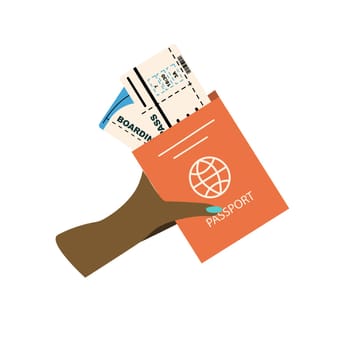 Summer vacation ticket booking illustration with passport in black hand. Passport, plane tickets in woman hand of afroamerican skin